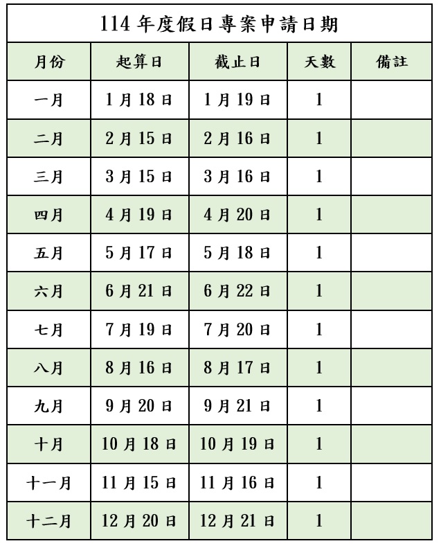 114年度假日專案申請日期