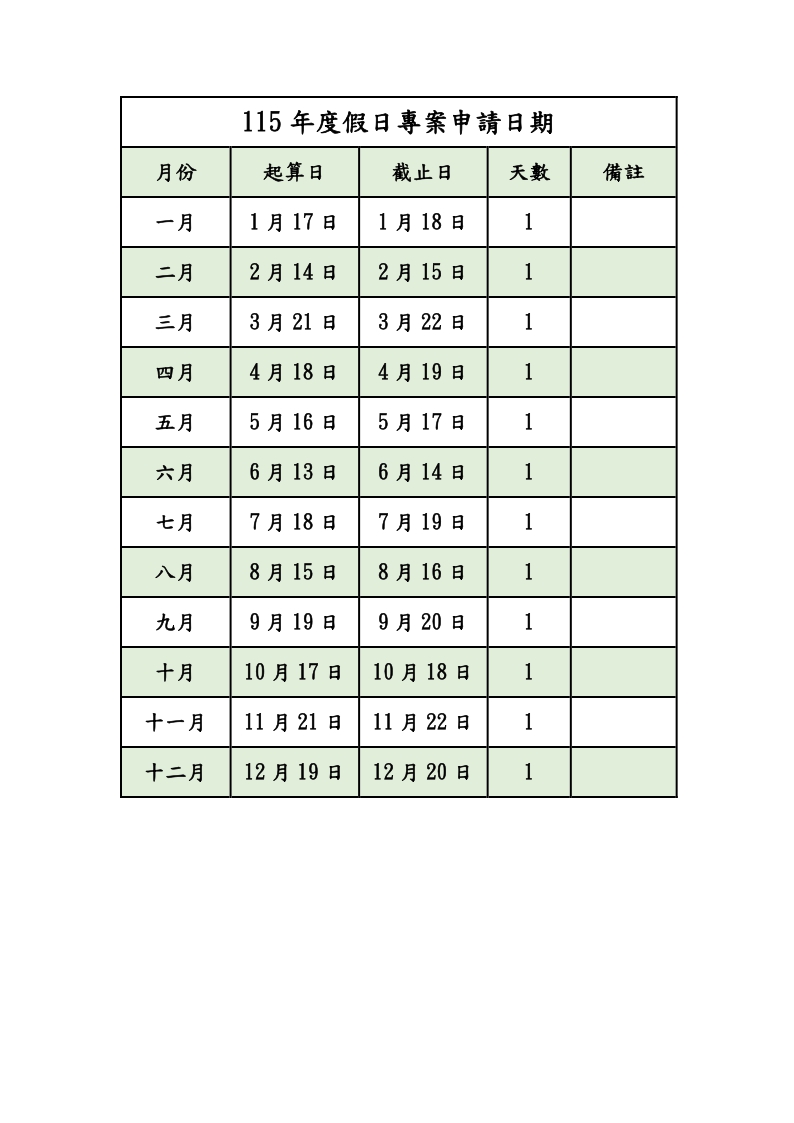115年度假日專案申請日期